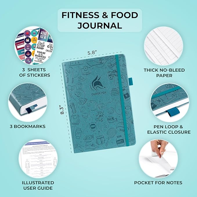 Clever Fox Fitness & Food Journal – Nutrition & Workout Planner for Women & Men – Diet & Gym Exercise Log Book with Calendars, Diet & Training Trackers - Undated, A5 Size, Hardcover (Aquamarine)