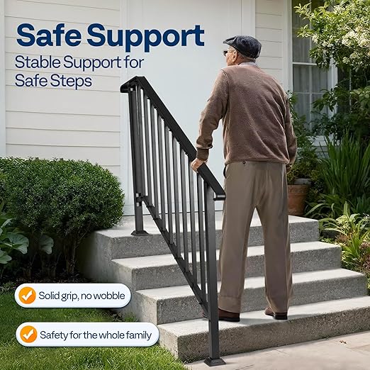 VIVOHOME 2-Pack 5 Step Galvanized Steel Hand Rails for Outdoor Steps – Curved Ends and Safety Balusters Exterior Railing for Porch, Deck, or Indoor Stairs, Complete Installation Kit