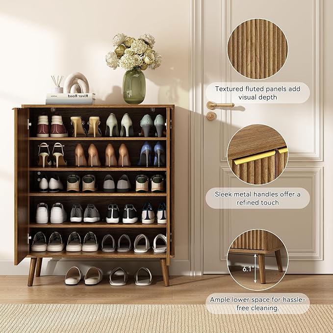 Fluted Shoe Cabinet with Doors Set of 2, 5-Tier Shoe Storage Cabinet with Adjustable Shelves, Wooden Freestanding Shoe Organizer Shoe Cabinet for Entryway,Hallway,Living Room, Natural Oak