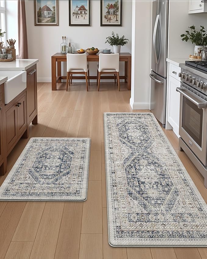 DEXI Kitchen Floor Mats Anti Fatigue, 17x29+17x59 Large Cushioned Runner Rug Waterproof, Standing Comfort Memory Foam Padded for Front Sink Laundry Office Set of 2, White