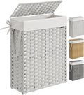 SONGMICS Slim Laundry Hamper with Lid, 14.5 Gallon (55L) Rattan Clothes Laundry Basket with Lid and Handles, Foldable, Removable Liner, Cloud White ULCB164W01