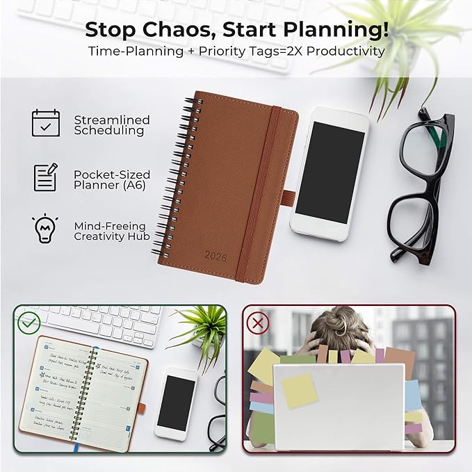 Planner 2026 Daily Weekly and Monthly,6.5"x3.75",12 Months Spiral Bound Calendar Agenda with Self-adhesive Pen Holder,2026 Appointment Book with Vegan Leather Soft Cover,Brown