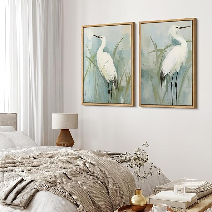 MUDECOR Framed Canvas Print Wall ArtWhite Heron Pair in Marsh Coastal Illustrations Modern Art Decorative Bohemian Colorful for Living Room, Bedroom, Office - 24"x36"x2 Natural