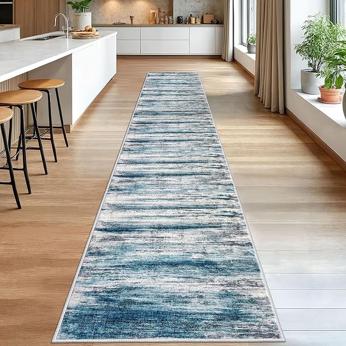 KOZYFLY Modern Abstract Hallway Runner Rug, 2.6x16 Washable Rug Runner Non-Slip Soft Striped Kitchen Runner Rugs, Print Blue Carpet Runner for Stair Entryway Bathroom Laundry Room Foyer