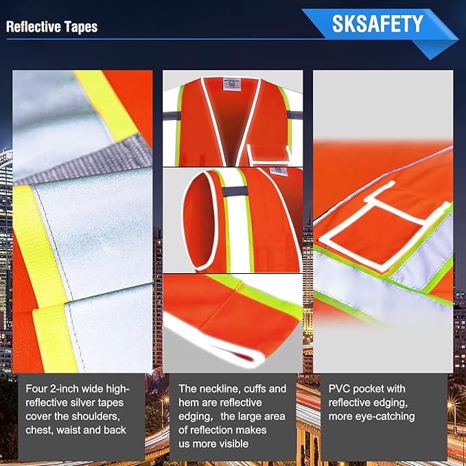 SKSAFETY 10 Pockets Safety Vest, Class 2 High Visibility Security with Zipper, Hi Vis Vest with Reflective Strips, ANSI/ISEA Standard, Construction Work Vest for Men ＆ Women （Orange, 2XL）