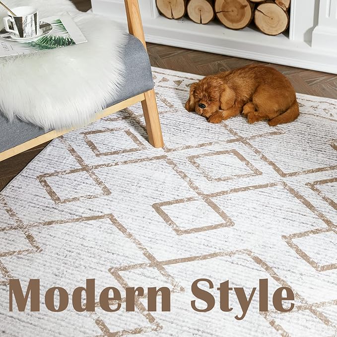 jinchan Moroccan 2x3 Rug for Entryway - Machine Washable Rug Modern Geometric Kitchen Soft Faux Wool Non-Slip Indoor Doormat Ultra-Thin Carpet for Entrance Bathroom Bedroom Living Room (2x3ft, Taupe)