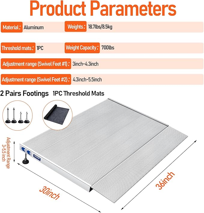 Threshold Ramp for Wheelchairs, 3-5.5" Rise and 24"×36" Platform Aluminum Wheelchair Ramp, Door Threshold Ramps with a Non-Slip Thick Door Mat