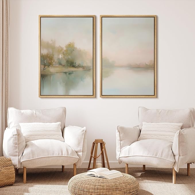 MUDECOR Framed Canvas Print Wall Art Tranquil Reflection Serene River Landscape Illustrations Modern Art Decorative Bohemian Chic for Living Room, Bedroom, Office - 16"x24"x2 Natural
