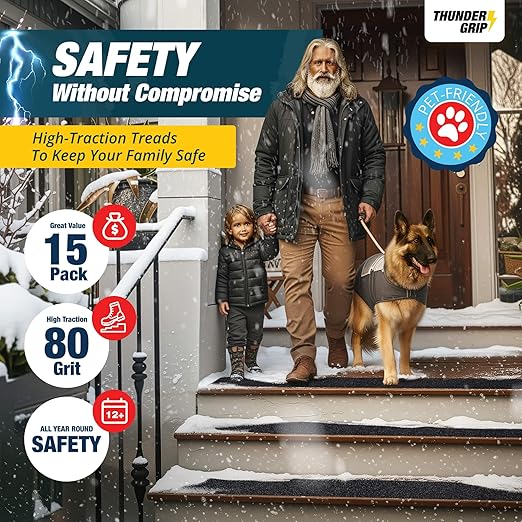 Outdoor Stair Treads Non Slip 30" x 6" - 15-Pack Weather Resistant Exterior Grip Tape for Wooden Steps - Anti Skid Strips - Waterproof 80-Grit Adhesive Treads