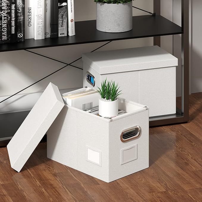 Hanging File Box with Lid, Set of 2 Filing Organizer Storage Box, Linen Collapsible Decorative Office/Home File Cabinet (14x9.3x10.9 inch) (White)