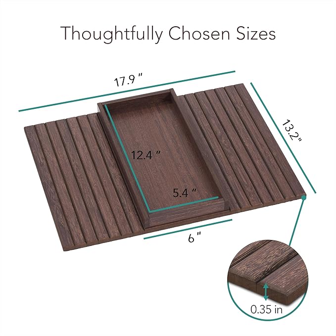 DETOR Couch Arm Tray with Spacious 12.4" x 5.4" Storage Box, Brown-Stained Bamboo Finish, Enhanced Non-Slip Felt Bottom, Sturdy Bamboo Slats, Fits Armrests 6" and Wider