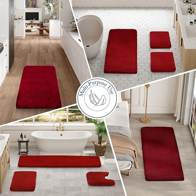 Walensee Contour Rug (20x24, Red) Non Slip Bath Mat, Soft Microfiber Shaggy Mat, Machine Washable, U Shape Toilet Rug