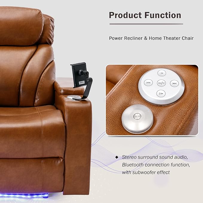 Zero Wall Power Recliner with Bluetooth Speaker & USB Ports - Home Theater Electric Recliner Chair with Cup Holder, Arm Storage, LED Lights, Phone Holder & Removable Tray Table
