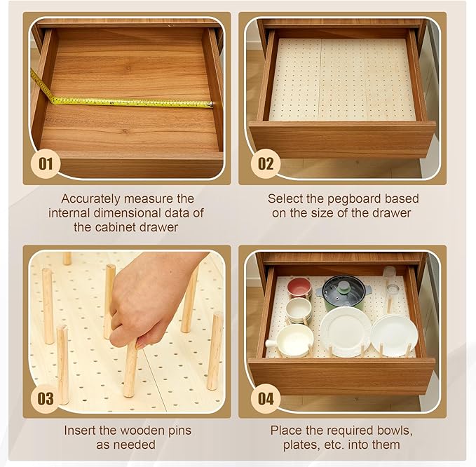 Kigley 12 Pcs Pegboard Drawer Organizer with 96 Drawer Peg Wood Peg Board Wooden Kitchen Plate Organizer for Dishes Food Containers Cookware Utensils(17 Inch,Wood Color)