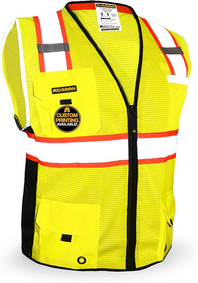 KwikSafety - Charlotte, NC - BIG KAHUNA Safety Vest [11 Pockets] Class 2 ANSI OSHA Reflective Vest Durable High Visibility Vest Construction Safety Vest for Men Industrial Work Gear/Yellow XL