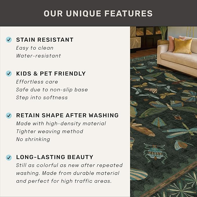 Washable Insect 2x6 Runner Rug for Hallway- Stain Resistant Kitchen Runners, Floral Whimsical Indoor Floor Mat for Bathroom, Soft Non Slip with Rubber Backed, Dark Green