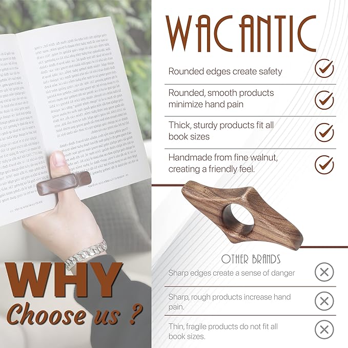 Walnut Book Page Holder, Smooth Finish Wood Book Holder for Reading, Ideal Book Reader Gifts & Reading Accessories,Book Worm Gifts for Women, Thumb Book Page Holder (Medium)