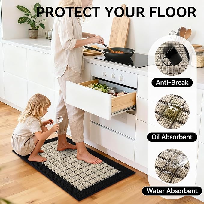 Kitchen Mats for Floor 17"x30", Non-Slip Washable Kitchen Rugs, Absorbent and Stain Resistant Kitchen Rug, Durable Comfortable Rugs for Kitchen, Hallway, Laundry & Sink, Black