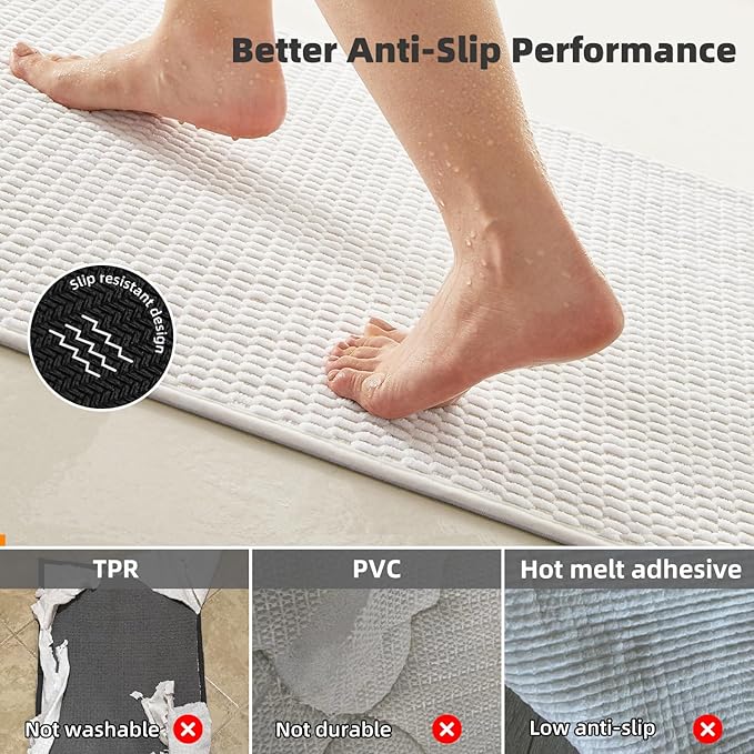 Bathroom Rugs Non Slip Washable, Super Absorbent Thin Bath Mat Quick Dry Low Pile Bathroom Rug, White 24"x36"