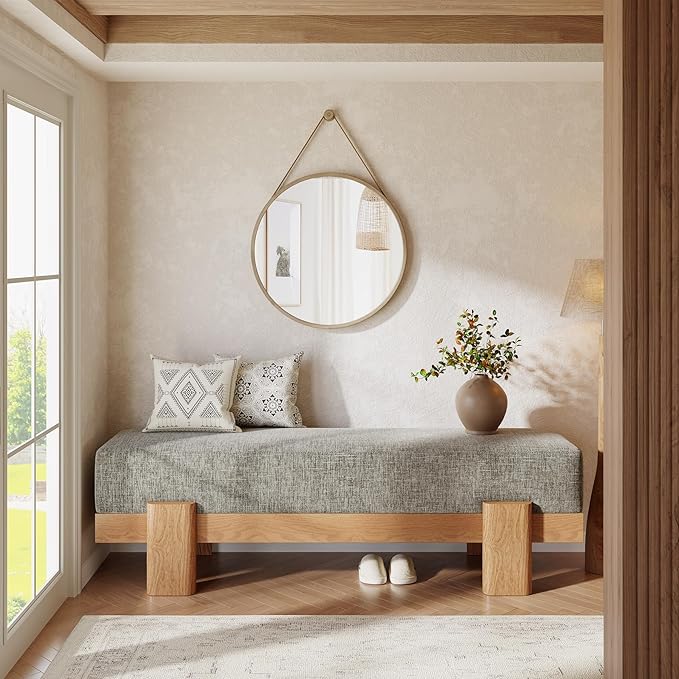 Tribesigns 55-Inch Upholstered Entryway Bench, Modern Shoe Bench with Fabric Padded Seat and MDF Frame, End of Bed Stool for Bedroom, Entrance, Living Room (Gray & Oak)