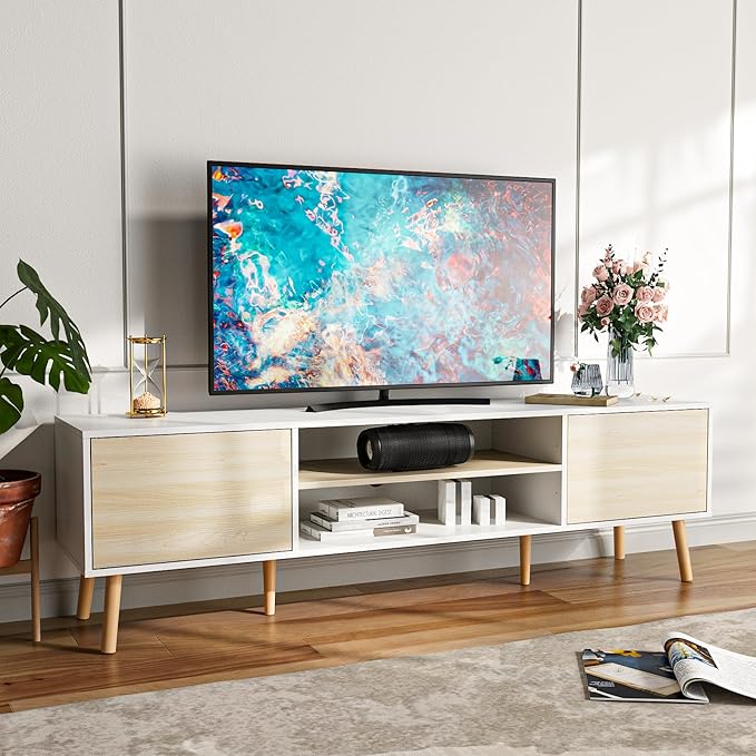 TV Stand for 75 Inch TV, Entertainment Center with Storage, 2 Cabinet Media Console Table, Wood Feet, Living Room, Bedroom Furniture,White&Oak
