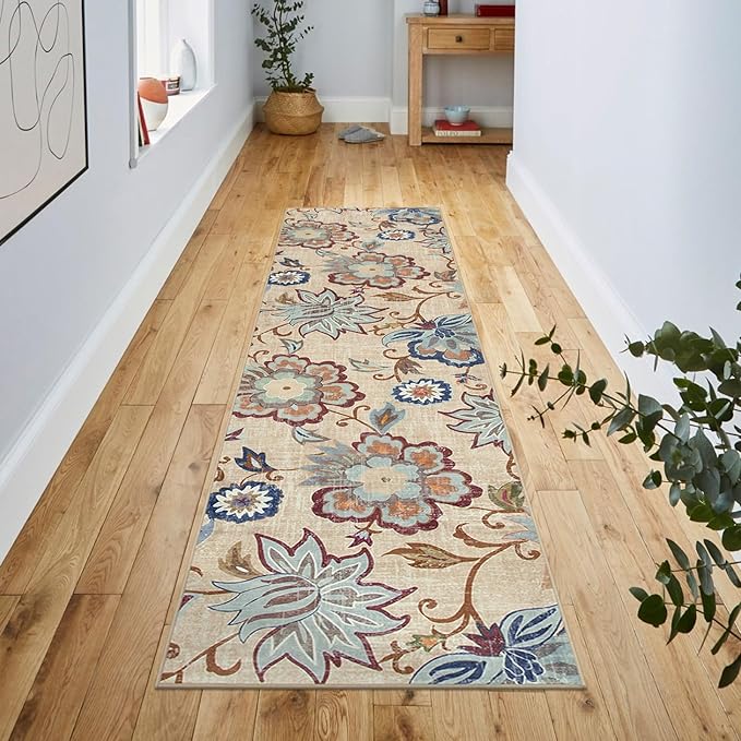 Beeiva Floral Carpet Runners for Hallway 8ft, Hallway Washable Kitchen Runner Rug Non Slip, Ultra Thin Vintage Plant Carpet Rugs with Low Pile for Kitchen Bathroom (Cream,2'x8')