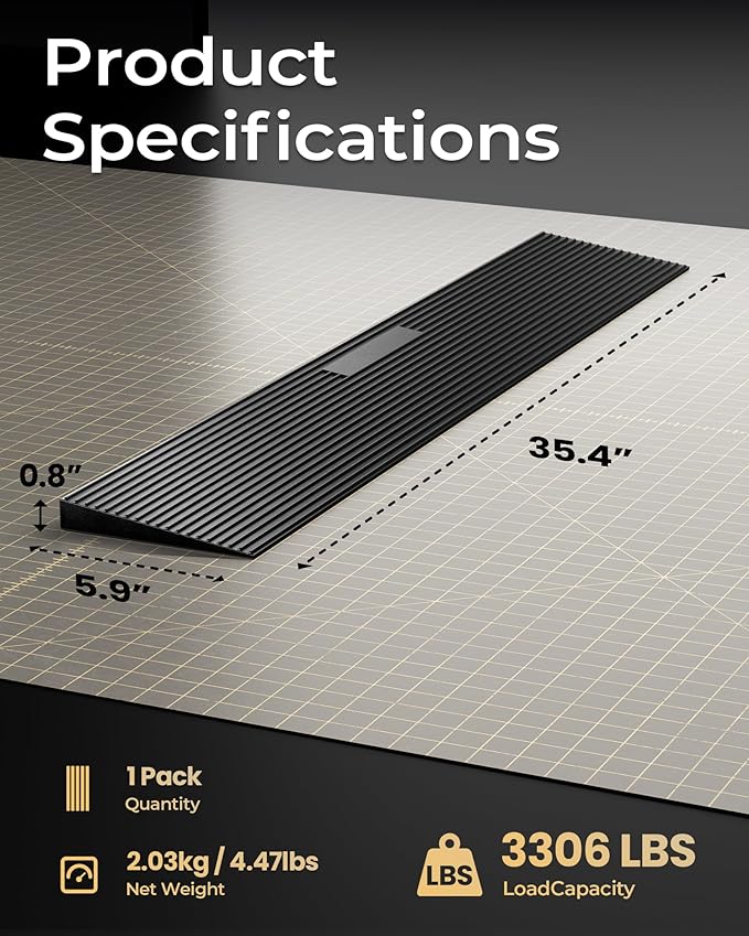 FACHNUO 0.8" Rise Rubber Threshold Ramp for Doorways, 35.4" Wide, 3306 LBS Load Capacity Wheelchair Ramp - Cuttable Non-Slip Rubber Ramp, Secure and Stable for Curbs, Wheelchairs, Walkers and Scooters