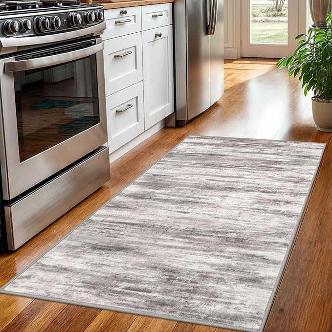 KOZYFLY Abstract Modern Washable 3x5 Area Rug Non-Slip Large Kitchen & Entryway Rug, Grey Beige Throw Rugs Indoor Mat for High-Traffic Door Entrance, Laundry, Nursery, Soft Bedroom Living Room Accent