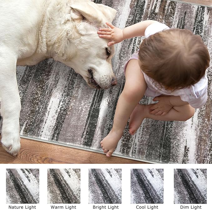 Modern Abstract 5x7 Machine Washable Area Rug Non-Slip Soft Bedroom Living Romm Rug Dark Light Brown White Ultra Thin Print Faux Wool Floor Carpet Throw Rugs for Dining Room Indoor Office