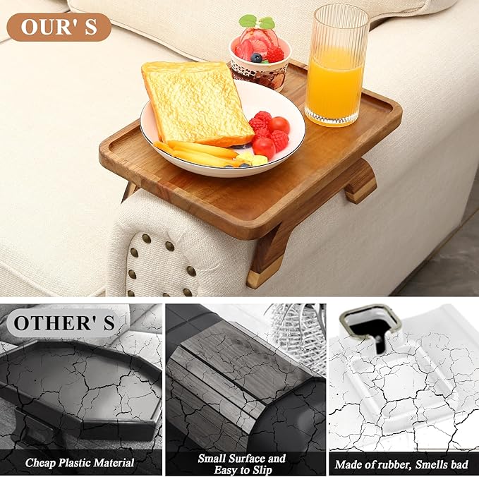 SINWANT Couch Arm Table,Acacia Wood Sofa Arm Rest Tray for Couch,13.78" Foldable Couch Armrest Tray Tables for Home Apartment Small Spaces