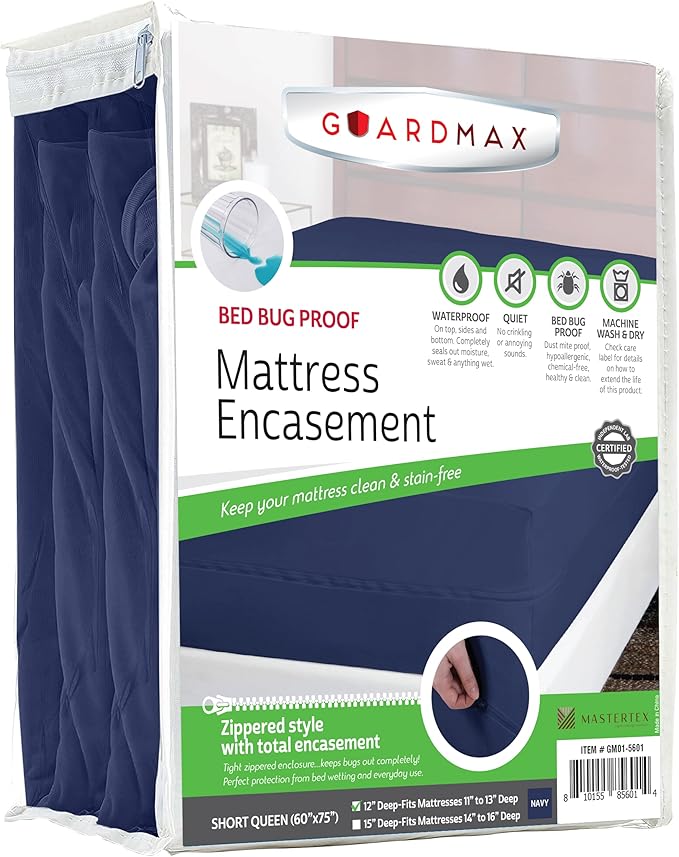 Guardmax Jersey Knitted Short Queen Zippered Mattress Encasement - Waterproof & Bed Bug Proof Mattress Protector - Comfortable, Soft, and Noiseless Zippered Bedding - Dust Mite Proof (60 x 75 x 12)