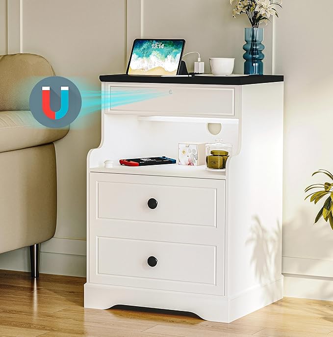 Night Stand with Charging Station,Bedside Table with 2 Drawers,Farmhouse End Table and Nightstand,Small Side Table for Bedroom,Living Room (White-Magnetic Locking, 1-Pcs)