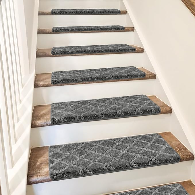 PURE ERA Bullnose Carpet Stair Treads Set Tape Free Non-Slip Indoor Stair Protectors Pet Friendly Rugs 9.5" x 30"(14 Pieces,Grey Diamond Trellis)