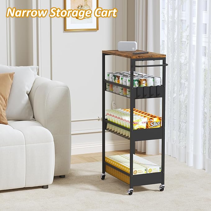 Slim Rolling Storage Cart, 4 Tier Metal Narrow Utility Cart with Handle and Wood Top, Multifunctional Small Mobile Shelf Unit Organizer Trolley for Laundry, Bathroom, Kitchen