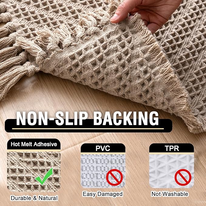 H.VERSAILTEX Waffle Bath Mat Super Absorbent Boho Bath Mat Non Slip Bath Rugs for Bathroom Floor Machine Washable Dry Fast Bathroom Rugs with Handmade Tassels, 17" x 24", Irish Cream