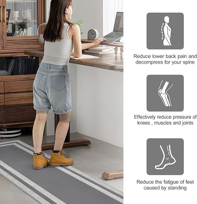 Kitchen Rugs Cushioned Anti Fatigue Kitchen Mats for Floor Ergonomic Comfort Standing Mat for Kitchen Non Slip Waterproof Memory Foam Kitchen Rug for Floor, Office, Laundry 17.3"x94.5" Grey