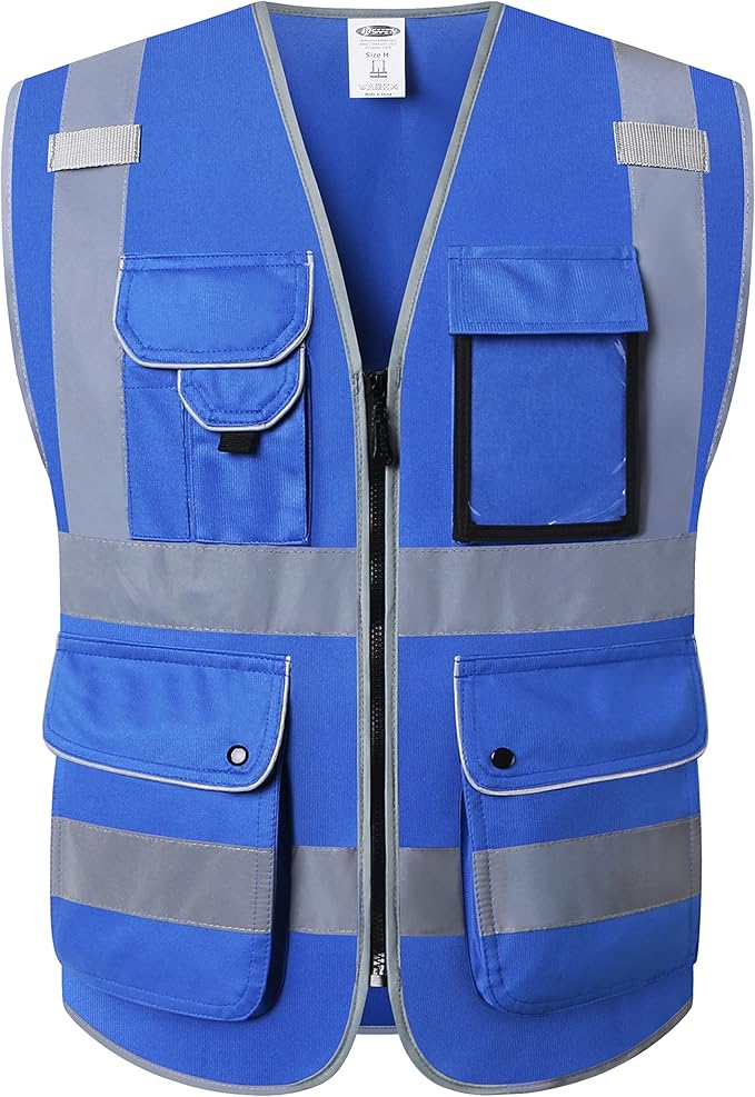JKSafety 9 Pockets High Visibility Zipper Front Safety Vest With Reflective Strips Meets ANSI/ISEA Standard (150Blue-3XL)