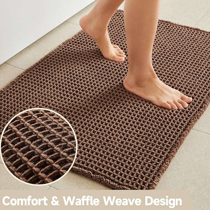 Waffle Bath Mat, Boho Bathroom Rugs Non Slip Washable Super Absorbent Quick Dry Bath Mat Farmhouse Bathroom Decor, 24"x16" Mocha