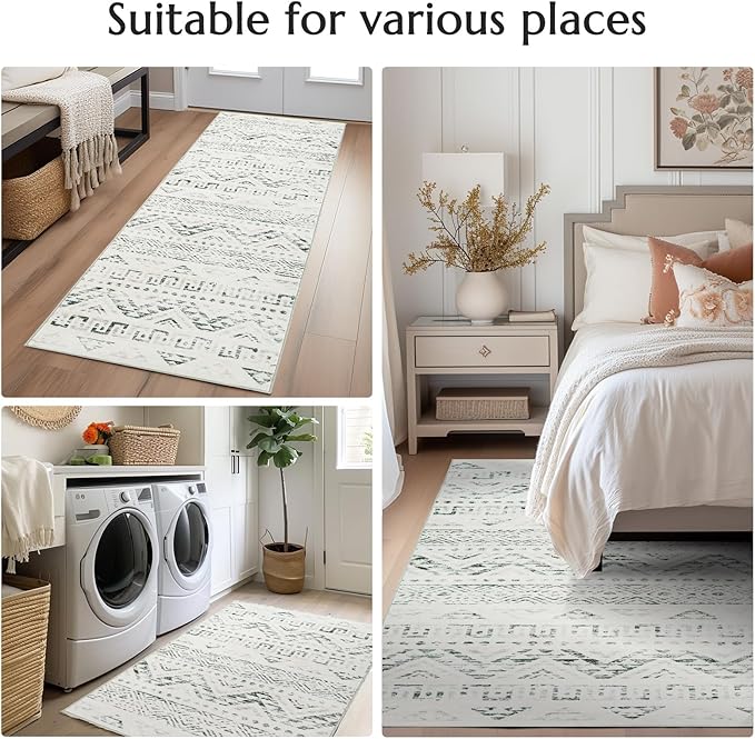 jinchan Boho 8x10 Neutral Area Rugs for Living Room - Machine Washable Moroccan Soft Throw Rug Bohemian Diamond Design Non-Slip Large Carpet for Bedroom Kitchen Dining Room Nursery (8‘x10', Charcoal)