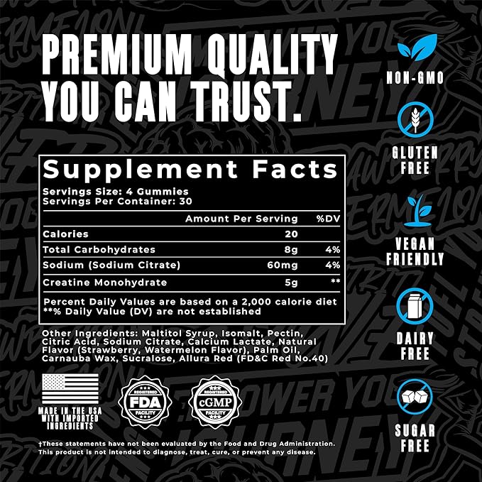 Creatine Monohydrate Gummies 5g - Strawberry-Watermelon Flavored Creatine for Men and Women - Supplement for Muscle Gain, Energy, Pre and Post Workout, Recovery, (120 Gummies)