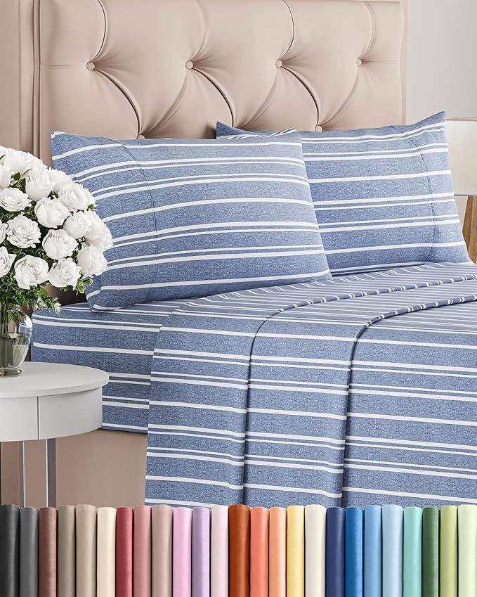 Twin XL 4 Piece Sheet Set - Cooling and Breathable Bed Sheets - Hotel Luxury Bed Sheets for Women, Men, Kids and Teens - Deep Pockets - Easy Fit - Soft and Wrinkle Free - Twin XL Blue Stripes Sheets