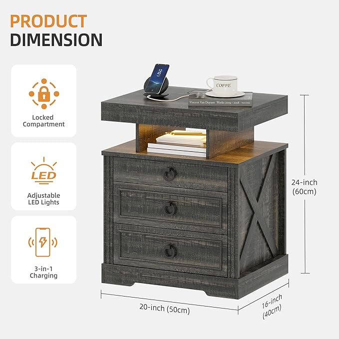 Gurexl Farmhouse Set of 2 Night Stand with Lockable Gun Drawer,LED Nightstand with Charging Station,Bedside Table with Human Sensor 3-Color Lights,End Table with 3 Drawers,Bedroom,Rustic