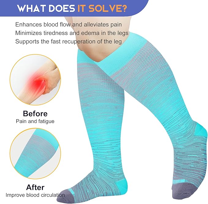 LEVSOX Plus Size Compression Socks for Women Men Wide Calf Extra Large 15-20 mmHg Knee High Sock for Nurses Pregnant Travel