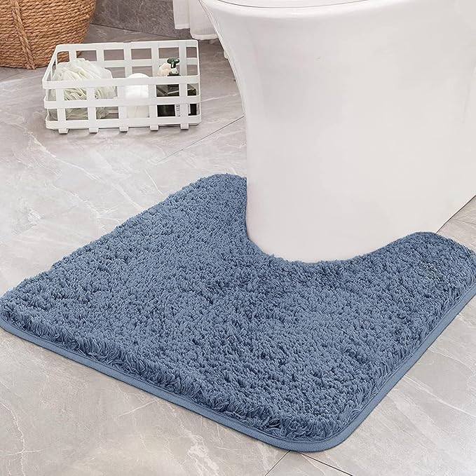 MIULEE Microfiber Toilet Bath Mat U-Shaped Contour Shaggy Bathroom Rugs Non Slip Extra Thick Soft Bath Rug Absorbent Water for Bathroom Commode Machine Washable(24x24 Inch, Dusty Blue)