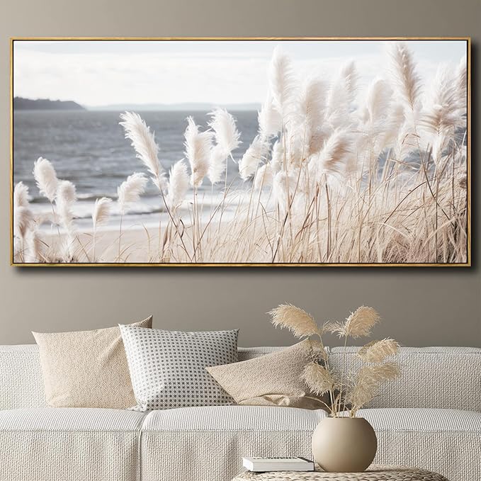 Framed Wall Art Artwork Decor Nature Canvas Painting ReedSeascape Wall Decor for Bedroom Living Room Decoration Home Kitchen Office 24" x 48"