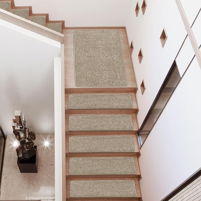 PURE ERA Carpet Stair Treads Tape Free Non Slip Indoor Stair Carpet Stair Protectors Pet-Friendly Non-Slip Skid Resistant Washable Reusable 8" x 30"(14 Pieces,Cream Gray)