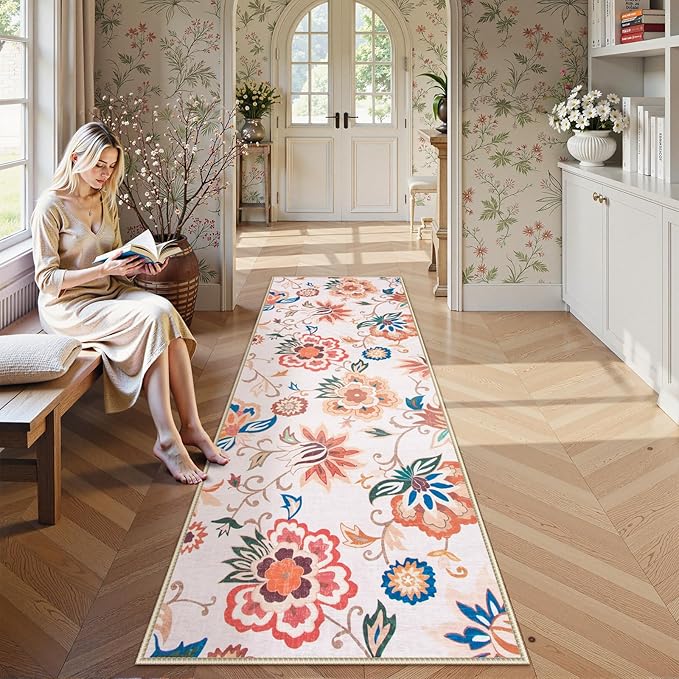 Beeiva Floral 2x6 Runner Rug Non Slip Washable, Paisley Washable Kitchen Rugs with Low Pile, Ultra Thin Carpet for Hallway Runner Laundry Bathroom (Beige,2'x6')
