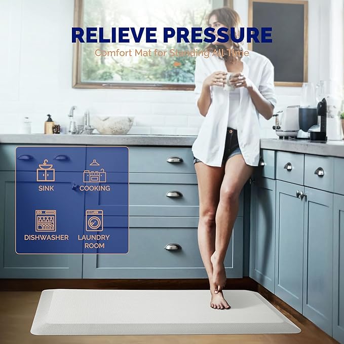 FEATOL Anti Fatigue Mats for Standing, 9/10 Extra Thick Ergonomic Standing Desk Mat, Comfort & Durable Memory Foam Standing Mat at Home,Office All Day (20" x 48", White, 2PC)