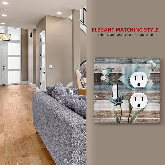 Teal Flora Flowers and Butterfly Wooden Style Decorative Light Switch Cover Plate 1 Toggle/1 Duplex Outlet Covers 2 Gang Combo Gfci Wall Plate Electrical Receptacle Switchplate Bathroom Decor