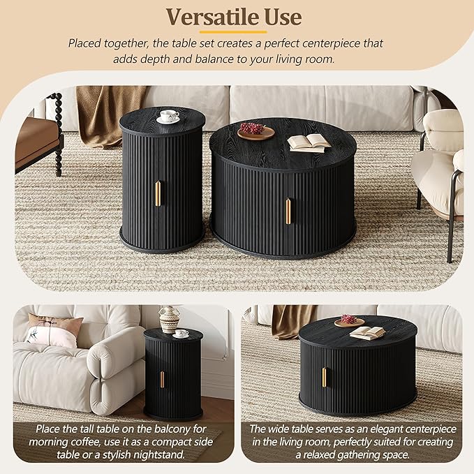 Merax Round Coffee Table Set, Mid Century Coffee Table with Sliding Tambour Door, Fluted Accent Center Table with Storage for Living Room, Office,Black